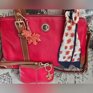 Dooney & Bourke Red Leather Satchel & Wristlet EUC w/ Bag Charms & Twilly